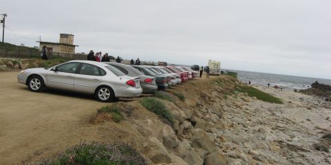 2003 Ford Taurus - A silver Ford Taurus sedan on machined-face alloy wheels sits at the head of a curving line of parked sedans along a gravel bluff overlooki…