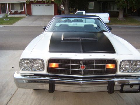 1973 Ford Ranchero - Front view of a white Ford Ranchero with a black hood scoop and grille, parked in a driveway with a pickup truck behind it.