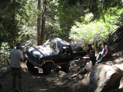1986 Ford Bronco - This 1986 Ford Bronco is tackling a challenging off-road path in a wooded area.