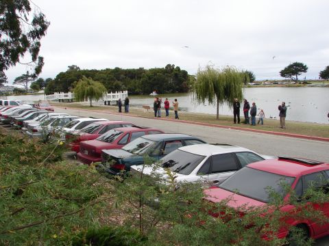 1992 Ford Taurus - A row of cars are parked along a road next to a body of water with people observing.