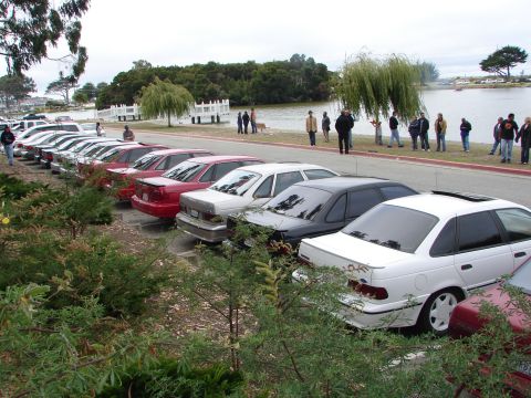 1992 Ford Taurus - A line of cars, including a white 1992 Ford Taurus, are parked near a waterfront gathering.