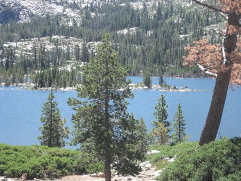 1991 Ford Bronco - A scenic view of a mountain lake with dense pine forests and rocky terrain.