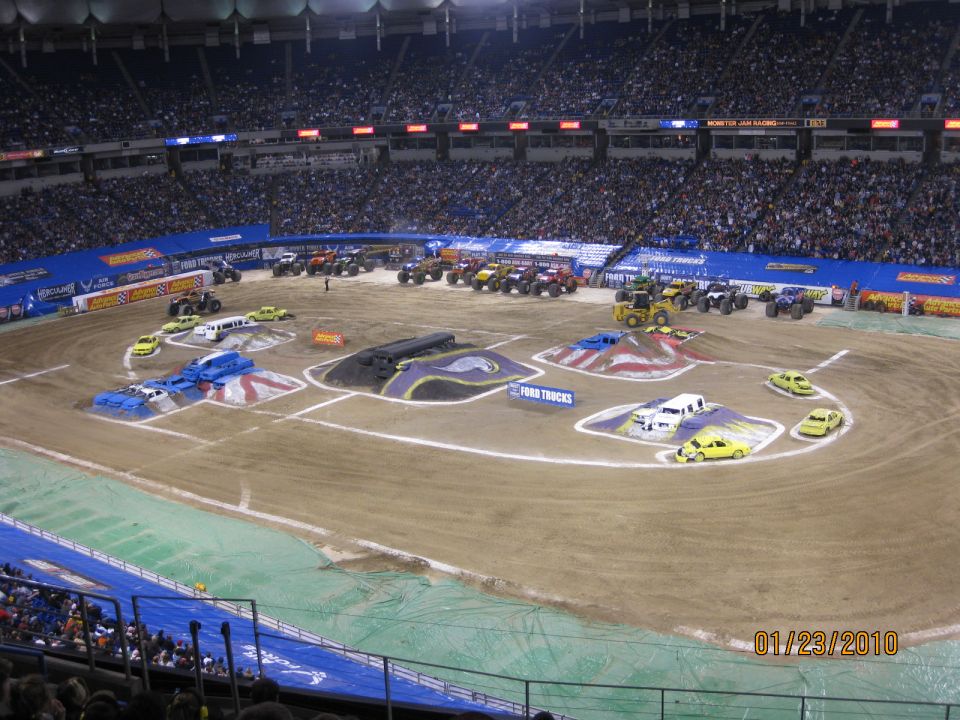 Monster truck arena event inside a domed stadium