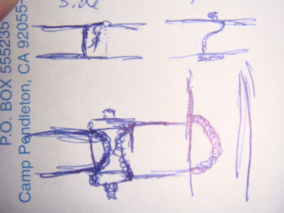 Hand-drawn side and top view doodle of a part on an envelope