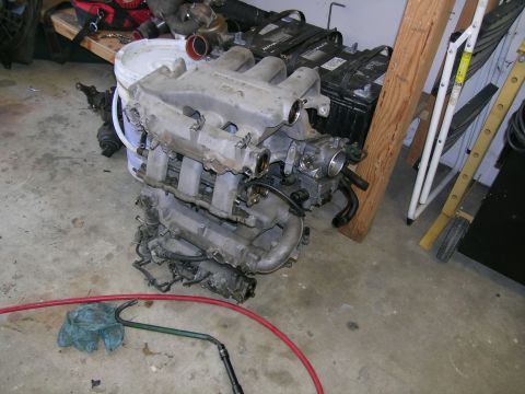 1995 Ford Probe - Engine assembly with V6 intake manifold, throttle body, and exhaust manifold, on a concrete floor.