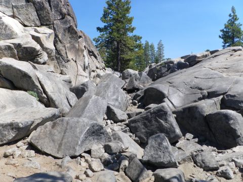 1991 Ford Bronco - A , rocky path winds through large boulders and sparse trees on a sunny day.