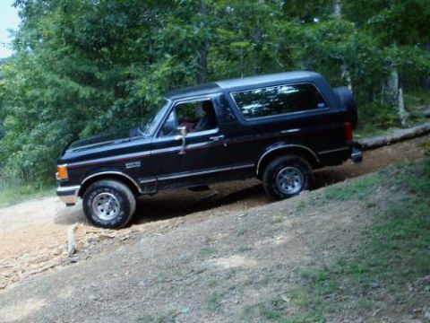 1989 Ford Bronco - This black Ford Bronco is navigating an off-road trail with trees surrounding the path.
