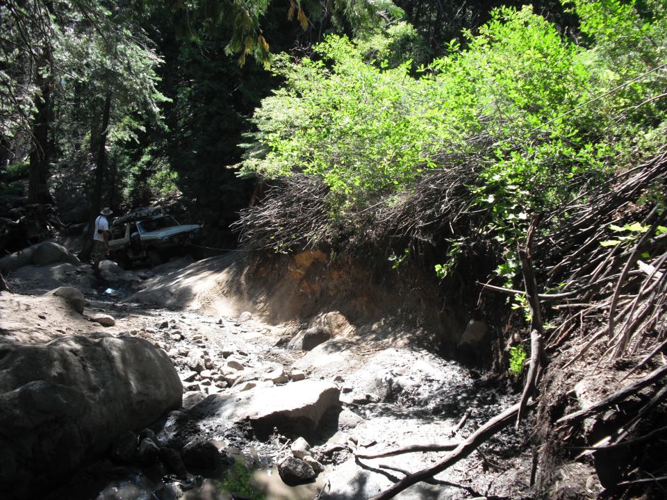 Off-road vehicle on rocky, wooded trail