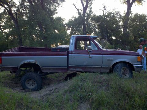 1988 Ford F-150 - This two-tone pickup truck, likely a 1987 Ford F-150, is stuck in the mud with its tires partially submerged.