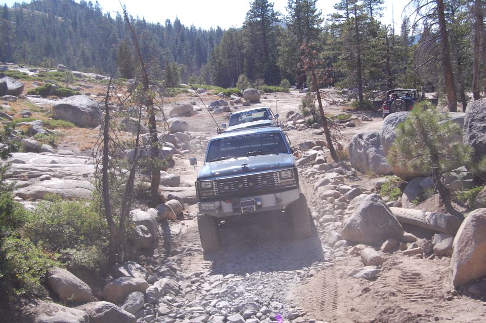 Several off-road vehicles driving on a rocky trail through a forest