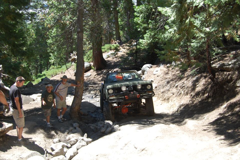 Olive green off-road vehicle with winch and auxiliary lights on a dirt trail