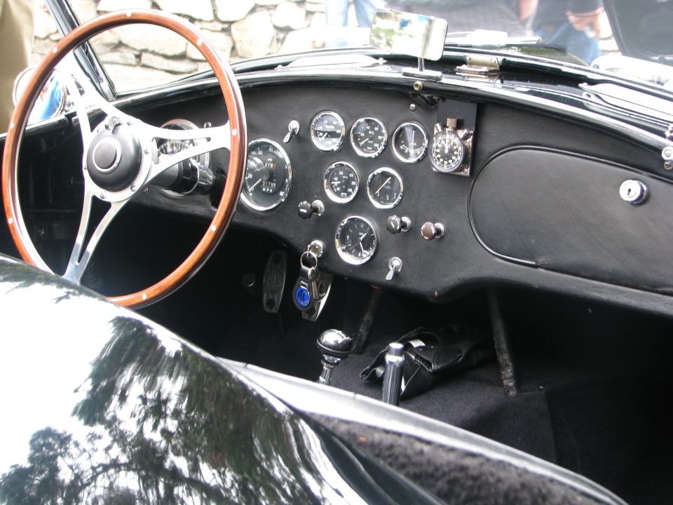 Interior dashboard with wood-rimmed steering wheel and multiple gauges