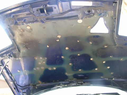 1995 Ford Probe - The underside of a car hood shows many small holes and some staining.