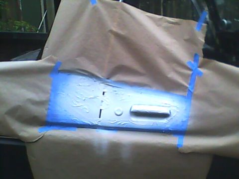 1978 Ford Bronco - Door panel masked off and prepared for a paint job.