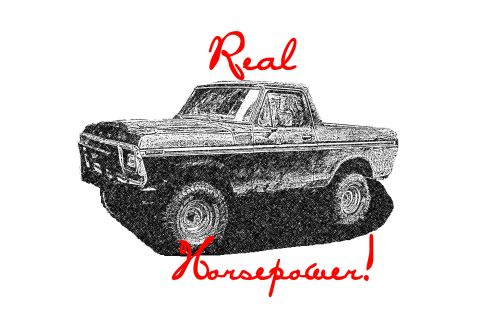 1978 Ford Bronco - High-contrast black-and-white line-art rendering of a late-1970s Ford half-cab 4x4 in front three-quarter view, top removed, riding on tall…