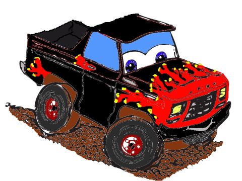 1978 Ford Bronco - Cartoon illustration of a black half-cab 4x4 truck with a red hood and front clip, red and yellow flame graphics, and windshield eyes in th…