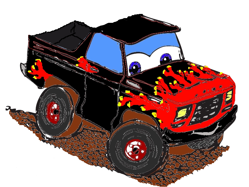 Cartoon drawing of a black half-cab 4x4 truck with red flames and windshield eyes