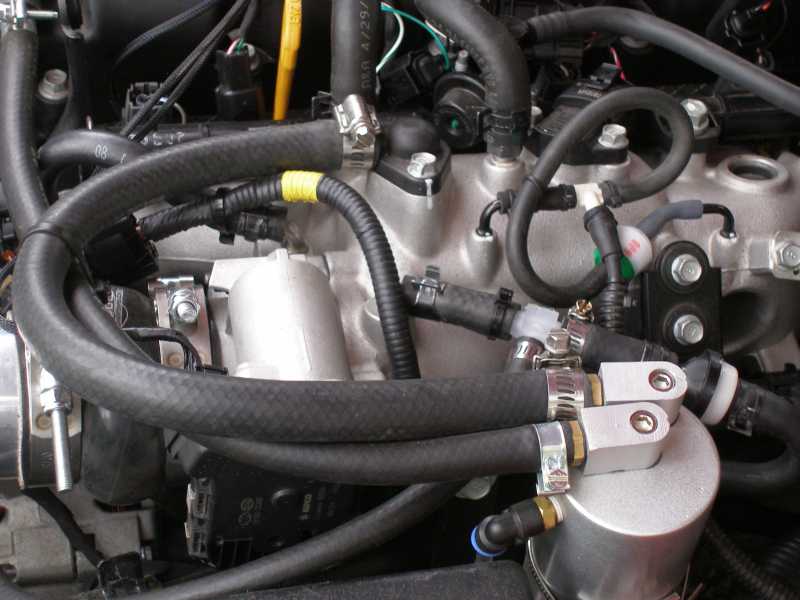 Close-up of engine hoses and intake manifold with a silver oil catch can