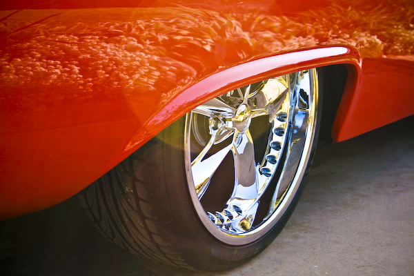 1959 Ford Ranchero rear fender and chrome wheel