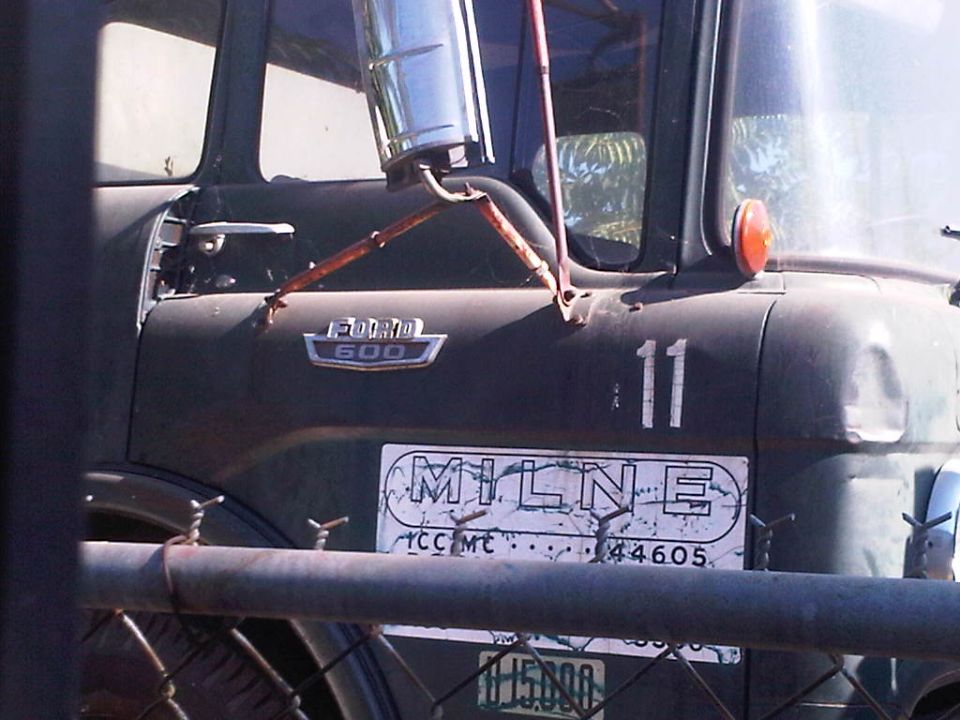 Dark green Ford 600 truck side view with Milne logo