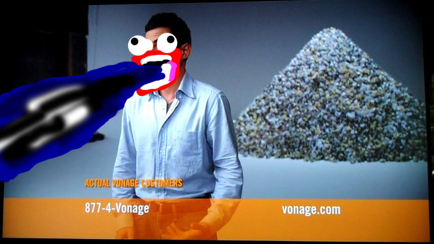 Television screen showing a Vonage commercial with doodled face