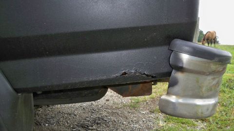 1994 Ford Bronco - Rear bumper corner shows significant rust damage. A horse is visible in the background.