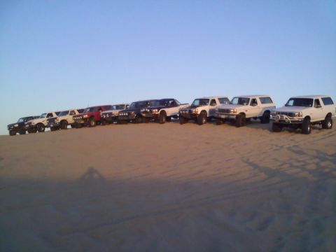 1994 Ford Bronco - Multiple generations of Ford Broncos and F-Series trucks are lined up on a sandy terrain under a clear blue sky.