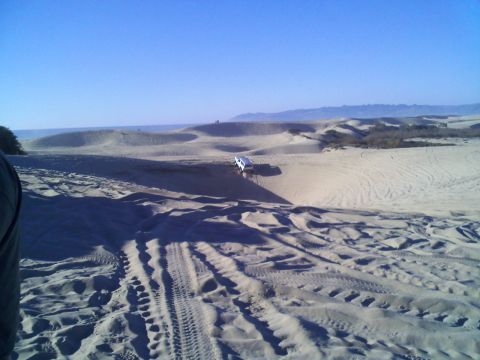1994 Ford Bronco - A white SUV navigates sandy terrain, leaving tire tracks on the dunes.