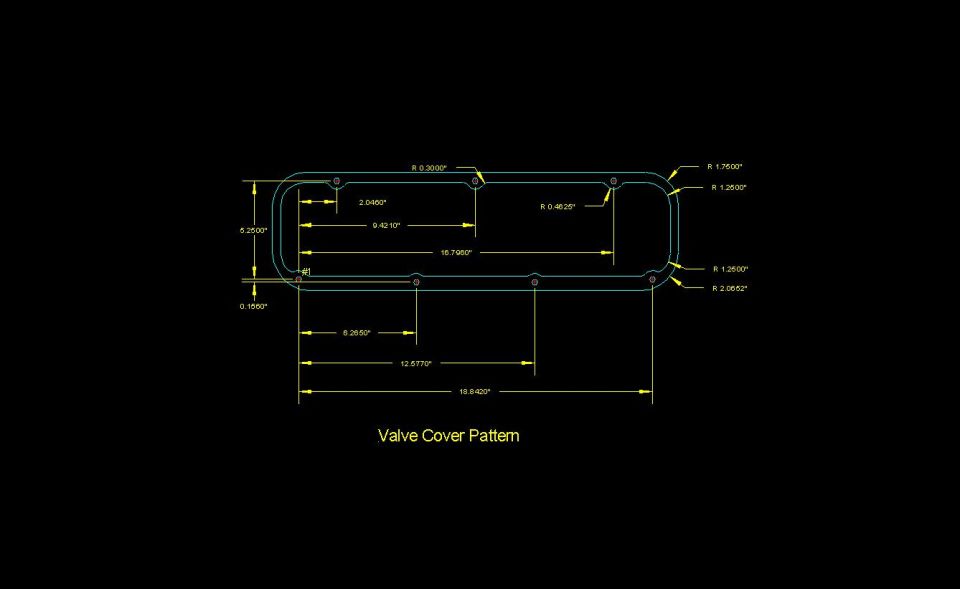 CAD dimensioned drawing of a valve cover bolt pattern with radii and spacings