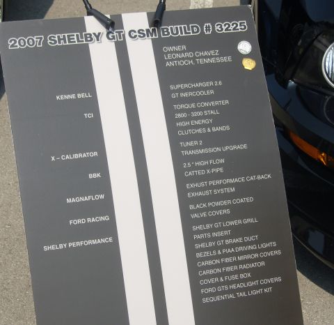 2007 Ford Mustang - Custom car-show placard listing 2007 Shelby GT build mods and brands, not a standard technical document.