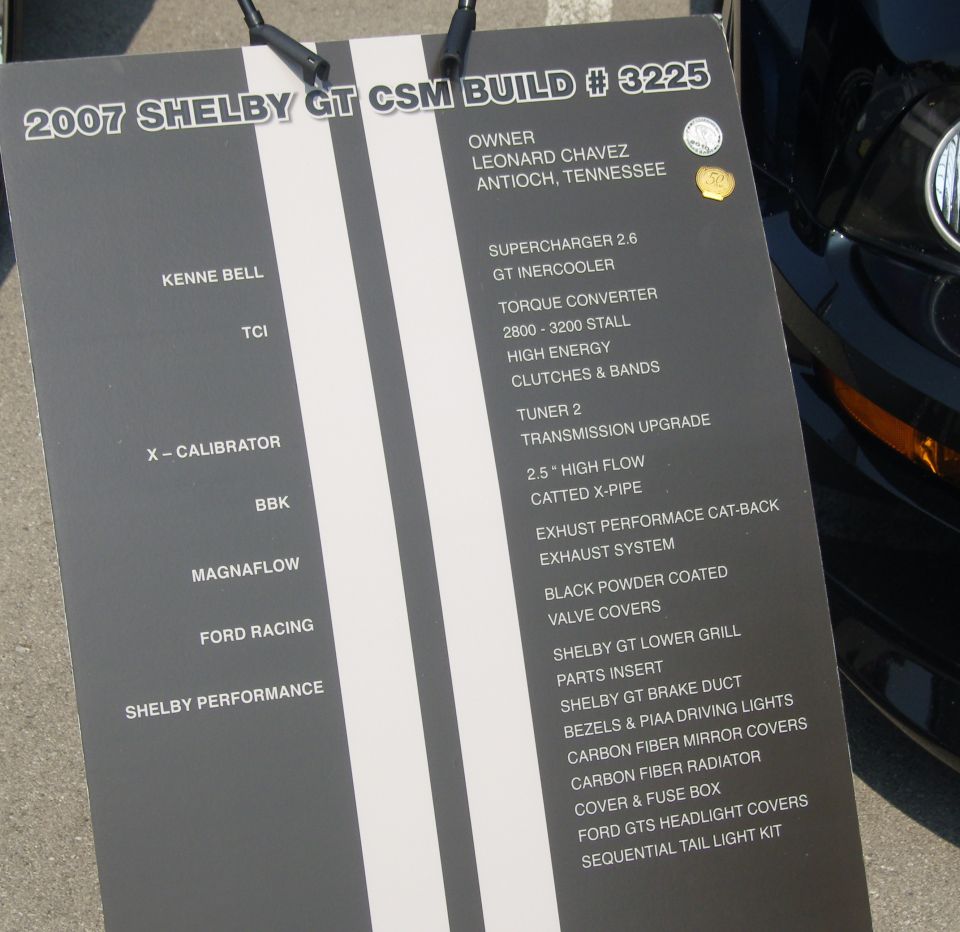 Car-show display board listing build modifications for a 2007 Shelby GT