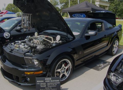 2007 Ford Mustang - 2008 Roush 428R Supercharged Mustang with custom engine modifications and decorative skulls.
