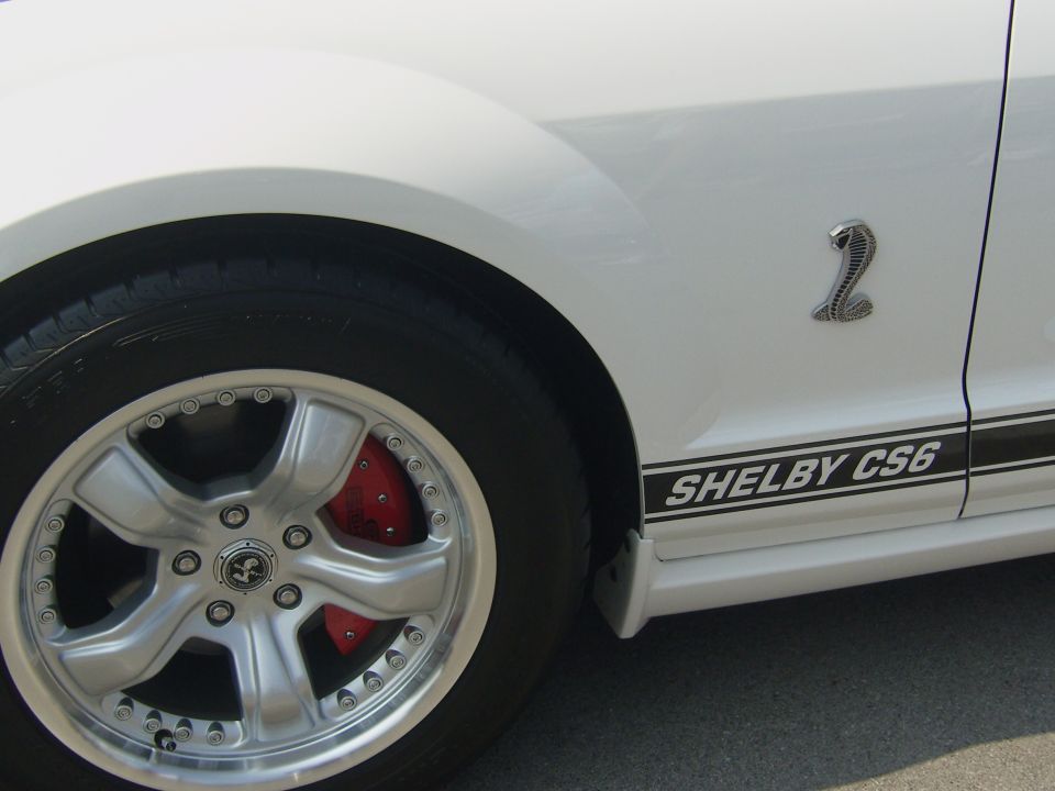 White Shelby CS6 Mustang side view with cobra emblem and stripe