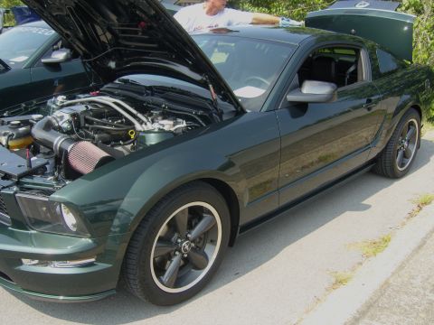2007 Ford Mustang - A dark green coupe is parked outside with its hood open, revealing the engine bay. Another vehicle is visible to the left.