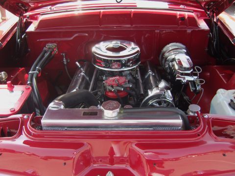 2007 Ford Mustang - Close-up of a polished V8 engine bay, chrome accents and a red MSD ignition system.