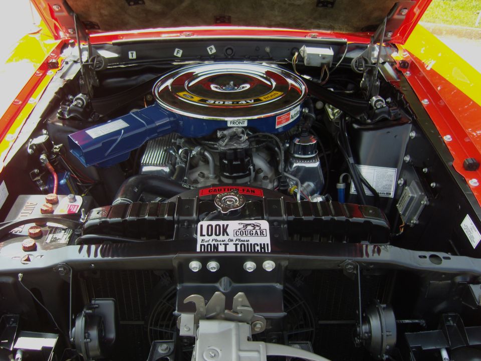 Engine bay with chrome air cleaner and 'Look Cougar Don't Touch' sticker