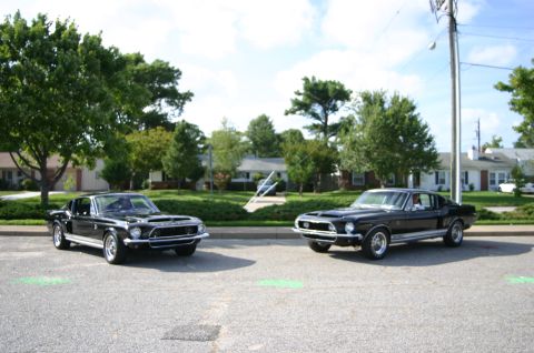 1968 Shelby GT500 - Two black 1968 Shelby GT500s are parked on a street with houses and trees in the background.
