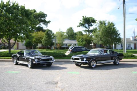 1968 Shelby GT500 - Two black 1968 Shelby GT500s are parked on a street, with houses and trees in the background.