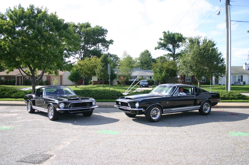Two black 1968 Shelby GT500 Mustangs parked on asphalt