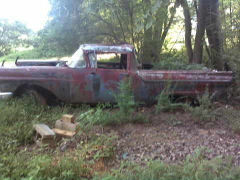 1973 Ford Ranchero - Derelict car-based pickup sitting in weeds at the edge of a wooded lot, shown from the driver's side. The body is faded red over patches of…