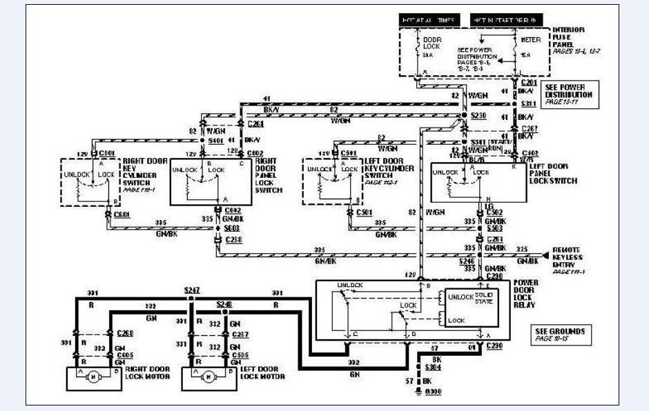Power door lock wiring diagram with cylinder switches, lock motors and relay, color-coded wires