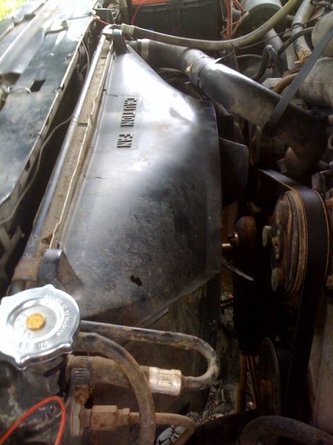 1995 Ford Bronco - Close-up view of a vehicle's engine bay, focusing on the fan shroud and radiator cap.