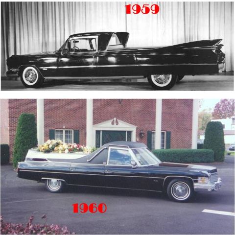 1972 Ford Ranchero - Two-panel comparison of Cadillac professional flower cars: the top black-and-white studio shot of a tailfin-era black flower car is labeled…