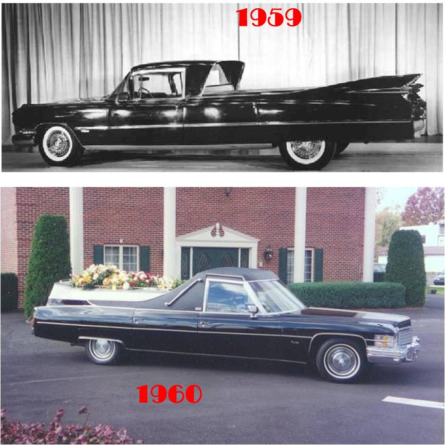 Two black Cadillac flower cars labeled 1959 and 1960, one in studio and one at a funeral home