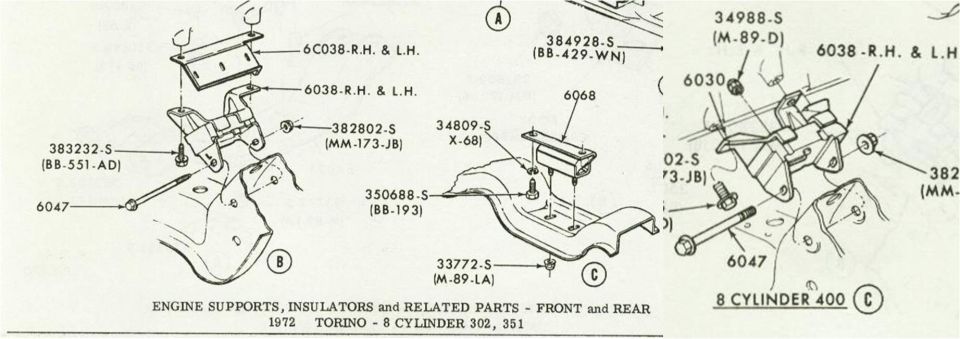 Exploded parts diagram of 1972 Torino engine supports and insulators with Ford part numbers