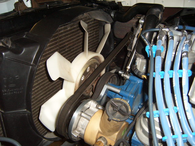 Engine bay with radiator, fan, belts, and blue spark plug wires