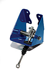 1986 Ford Bronco - This blue brake booster bracket assembly features a metal rod and a rubber boot, likely for a vehicle's braking system.