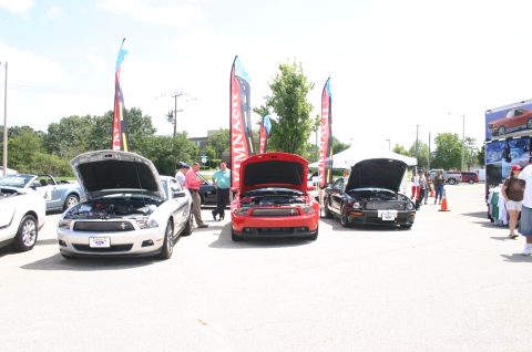 1968 Shelby GT500 - Several Ford Mustangs are displayed with their hoods open at an outdoor car show.
