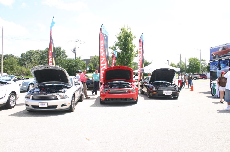 Silver Ford Mustang with hood open, red Ford Mustang with hood open, black Ford Mustang with hood open, and a blue convertible Ford Mustang