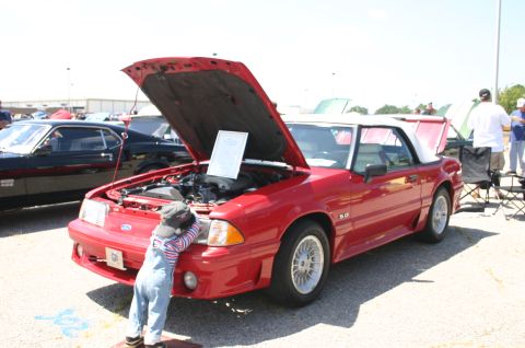 1968 Shelby GT500 - A red convertible with its hood open is displayed at a car show, with a child peering into the engine bay.